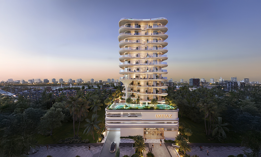 Properties A modern multi-story building with curved balconies, surrounded by palm trees, at sunset with a city skyline.